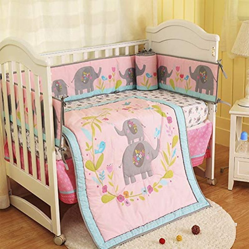 7 St Baby Girl Rosa Spjälsäng Sängkläder Set Söt Elefant Blommig Fågel Mönster Barnkammare För Shower Present