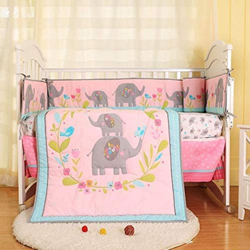 7 St Baby Girl Rosa Spjälsäng Sängkläder Set Söt Elefant Blommig Fågel Mönster Barnkammare För Shower Present