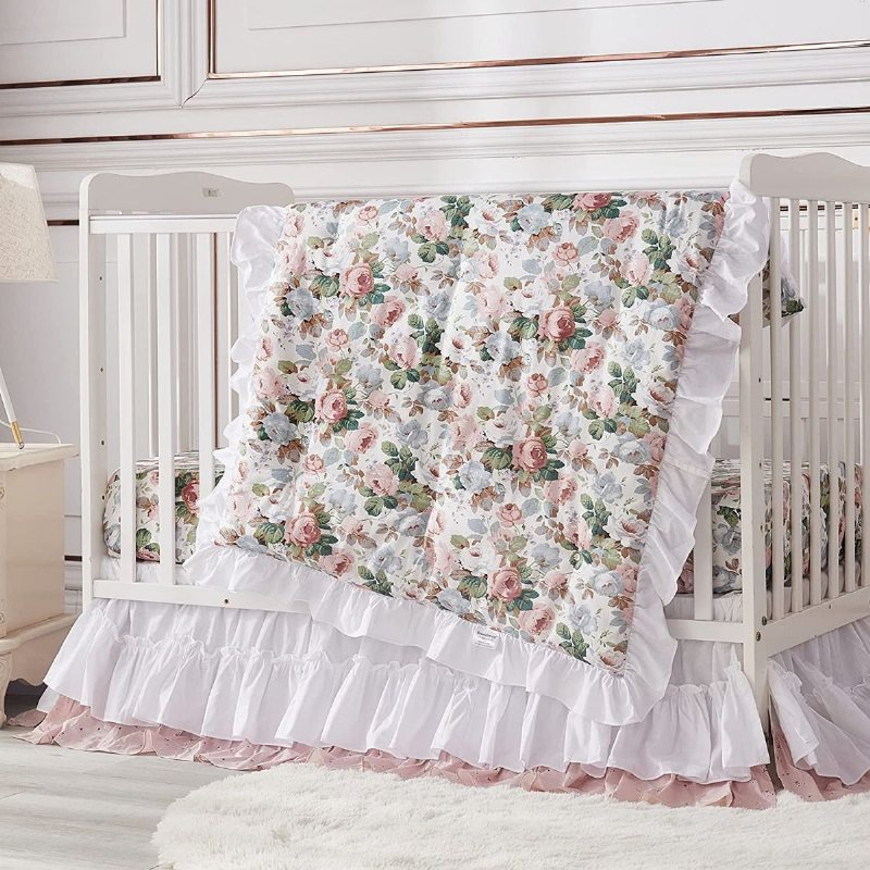 7 St Shabby Rose Blommor Spjälsäng Sängkläder Set Fransk Bondgård Lantlig Stil Baby Girl's Nursery För Shower