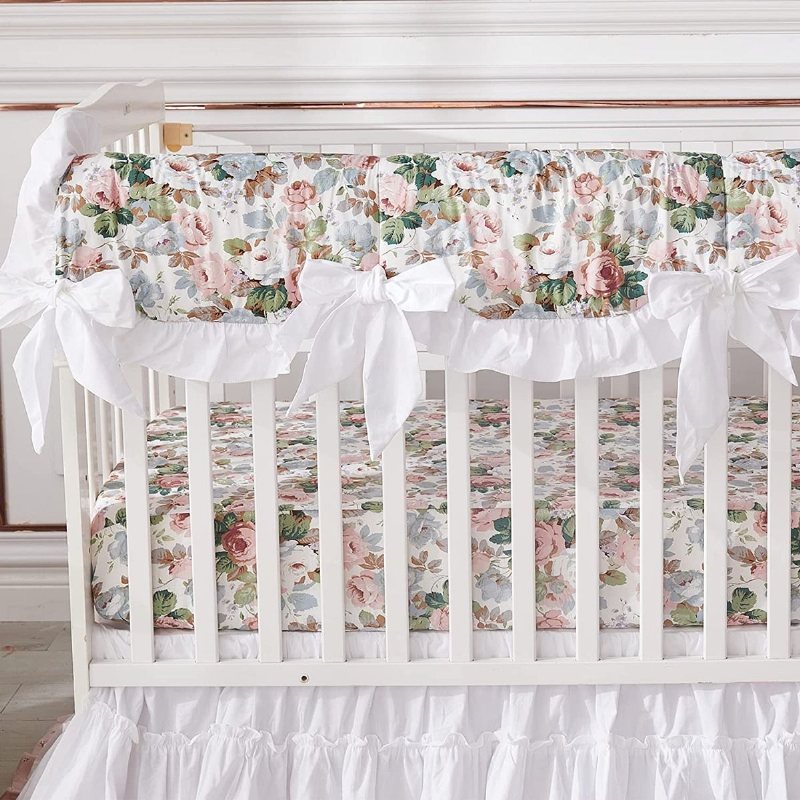 7 St Shabby Rose Blommor Spjälsäng Sängkläder Set Fransk Bondgård Lantlig Stil Baby Girl's Nursery För Shower