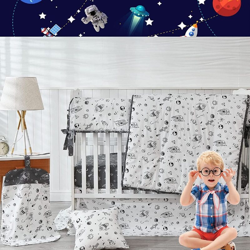 7 Styck Grå & Vit Baby Boy's Spjälsäng Sängset Rymdskepp Rocket Pattern Nursery Sängkläder Set