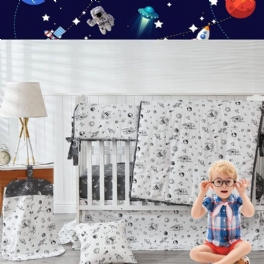 7 Styck Grå & Vit Baby Boy's Spjälsäng Sängset Rymdskepp Rocket Pattern Nursery Sängkläder Set