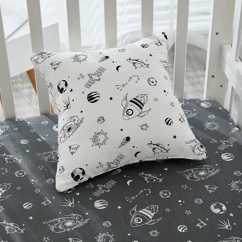 7 Styck Grå & Vit Baby Boy's Spjälsäng Sängset Rymdskepp Rocket Pattern Nursery Sängkläder Set