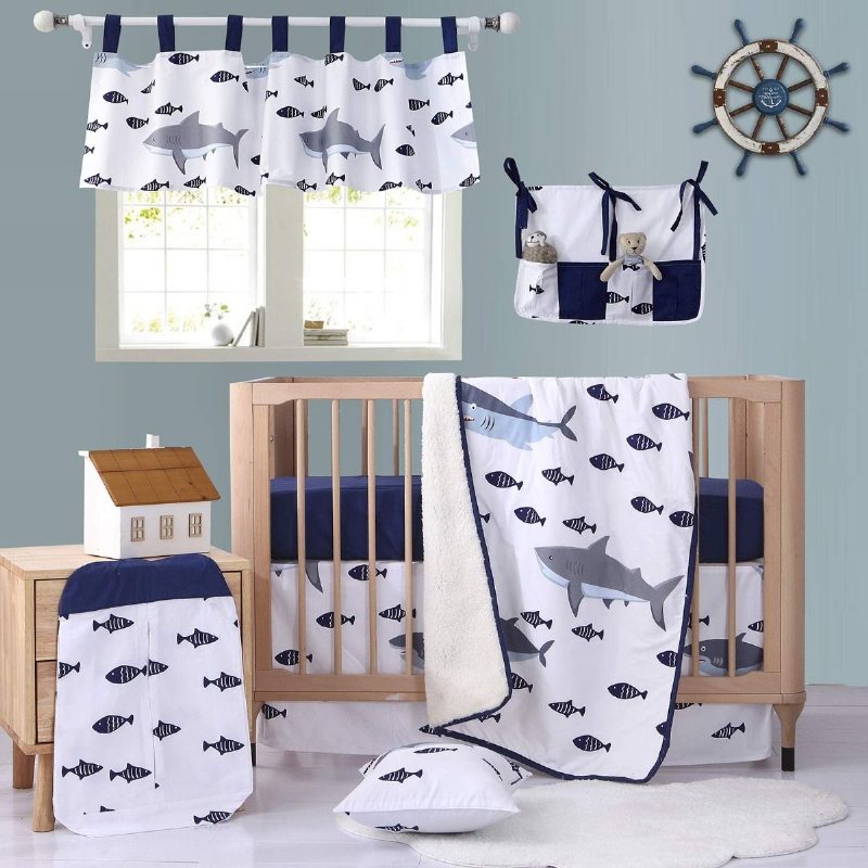 Baby Boys Crib Sängkläder Set Nautical Shark Fish Tryckt Nursery Set Marinvit