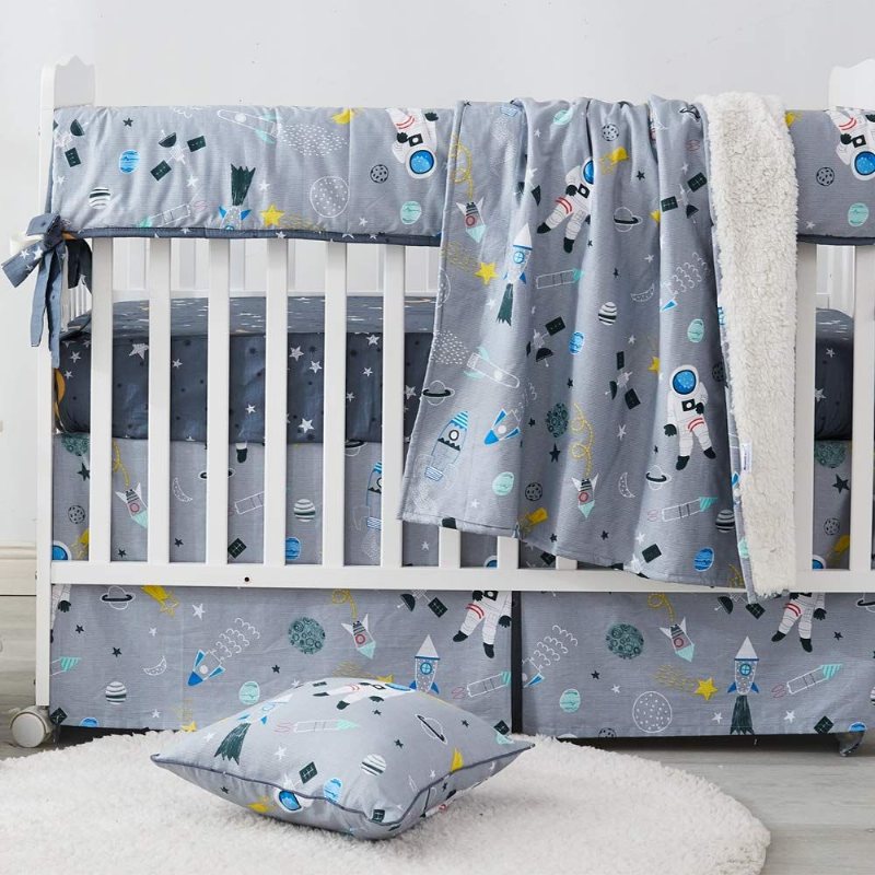 Baby Boy's Outer Space Spjälsäng Sängset 100 % Bomull Galaxy Sängkläder Grå Astronaut Nursery Set