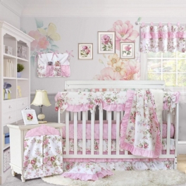 Baby Flickor Spjälsäng Sängkläder Set Med Stötfångare Blossom Rosa Akvarell Blommor Nursery Set