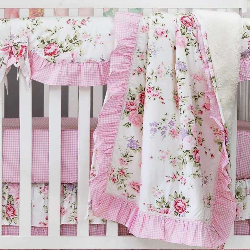 Baby Flickor Spjälsäng Sängkläder Set Med Stötfångare Blossom Rosa Akvarell Blommor Nursery Set