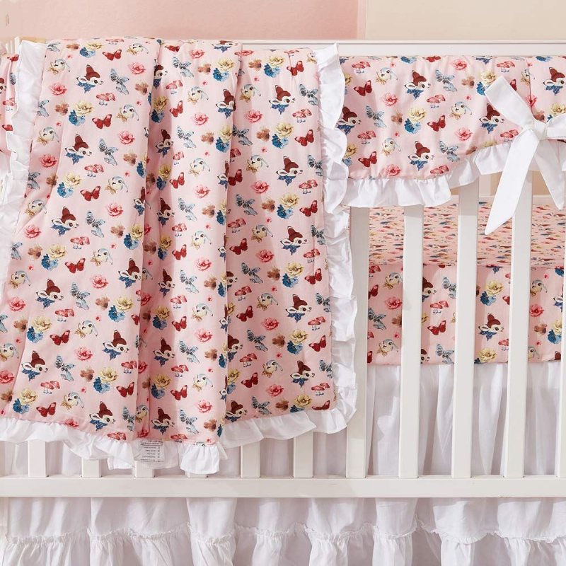 Baby Girl's Volanger Spjälsäng Sängkläder Set Lovely Bunny Deer Butterfly Blommig Tryckt Nursery Set