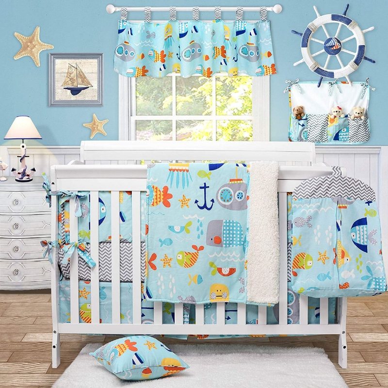 Baby Sängkläder Set För Pojkar Blå Nursery Crib Med Bumper Nautical Ocean Anchors Print