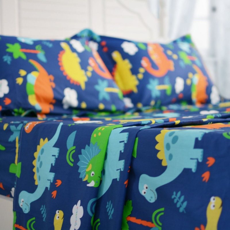 Barn Sängkläder Set Blå Dinosaur Lakan Set 100 % Bomull Set-fitted Platt Shams Set