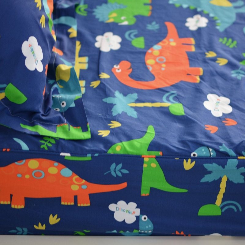 Barn Sängkläder Set Blå Dinosaur Lakan Set 100 % Bomull Set-fitted Platt Shams Set