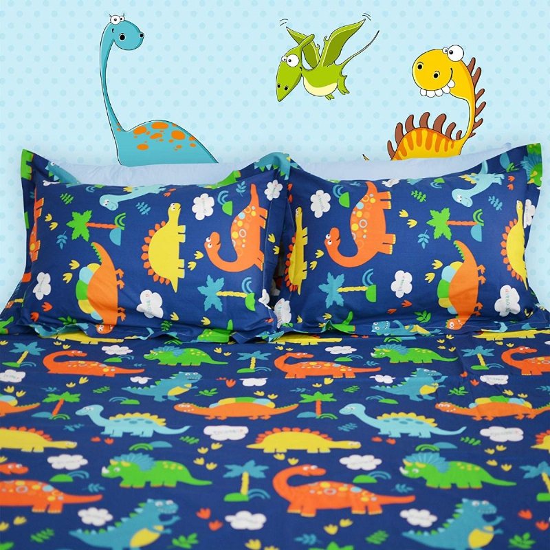 Barn Sängkläder Set Blå Dinosaur Lakan Set 100 % Bomull Set-fitted Platt Shams Set