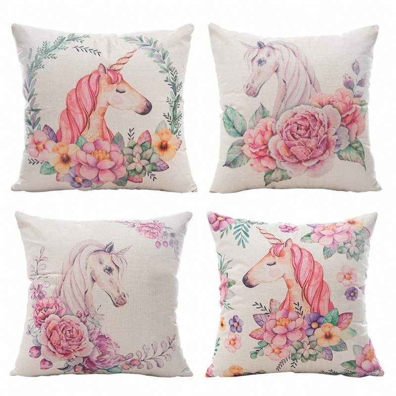 Blommigt Unicorn Kuddfodral Linne Bomull Dekorativt Hemsoffa Kuddset4-pack Fyrkantig Design (18x18 Tum)