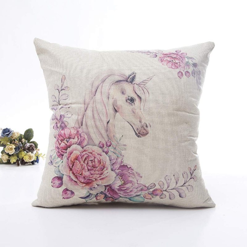 Blommigt Unicorn Kuddfodral Linne Bomull Dekorativt Hemsoffa Kuddset4-pack Fyrkantig Design (18x18 Tum)