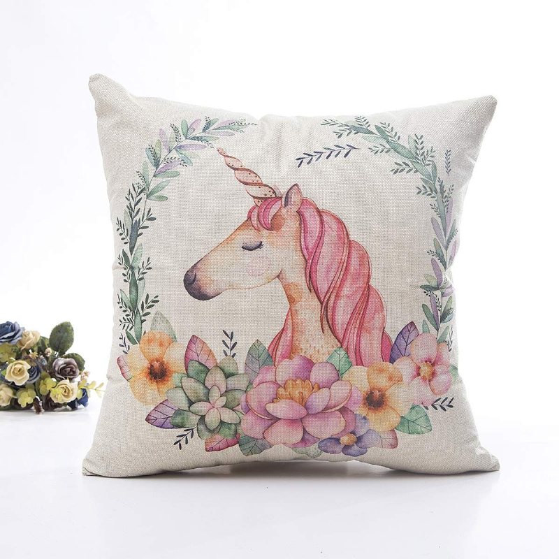 Blommigt Unicorn Kuddfodral Linne Bomull Dekorativt Hemsoffa Kuddset4-pack Fyrkantig Design (18x18 Tum)