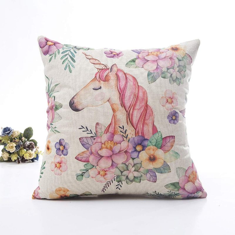 Blommigt Unicorn Kuddfodral Linne Bomull Dekorativt Hemsoffa Kuddset4-pack Fyrkantig Design (18x18 Tum)