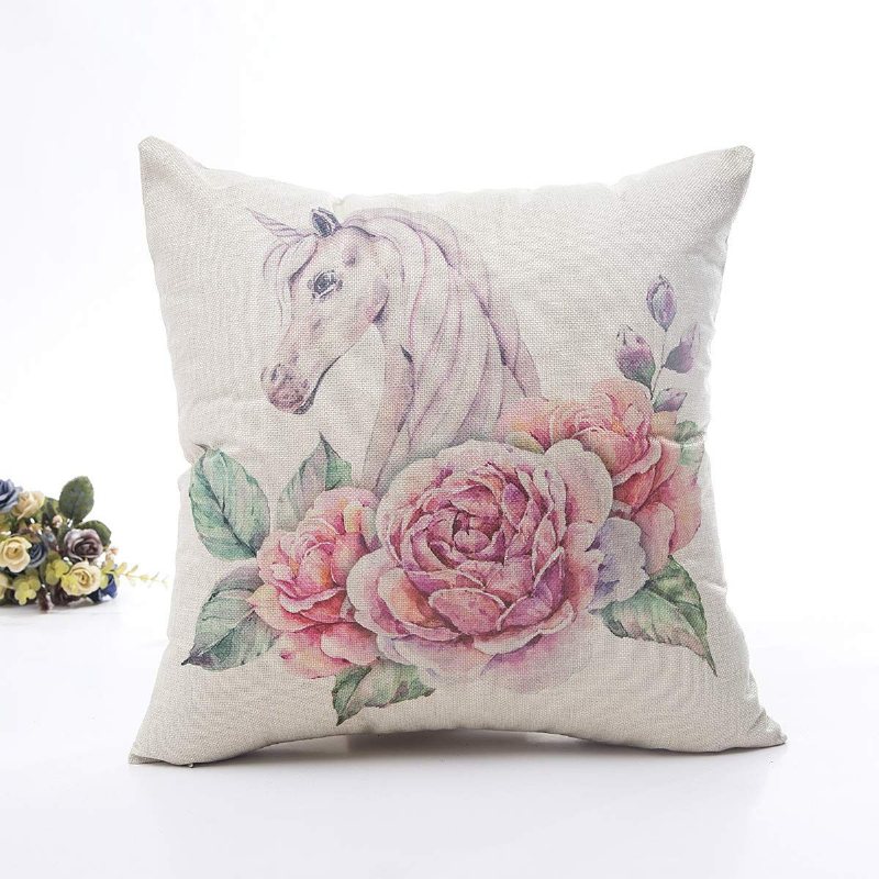 Blommigt Unicorn Kuddfodral Linne Bomull Dekorativt Hemsoffa Kuddset4-pack Fyrkantig Design (18x18 Tum)