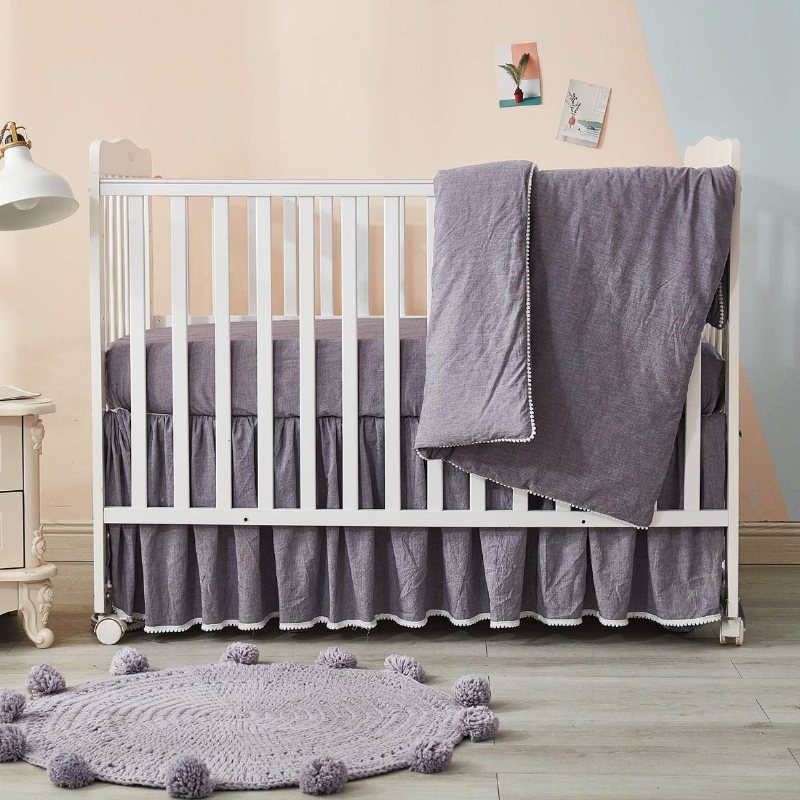 Boho Spjälsängsängset För Pojkar Eller Flickor Pom-pom Solid Grey Nursery Sängkläder Unisex