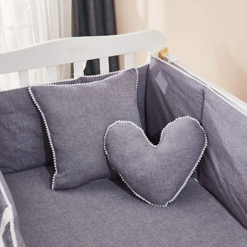 Boho Spjälsängsängset För Pojkar Eller Flickor Pom-pom Solid Grey Nursery Sängkläder Unisex