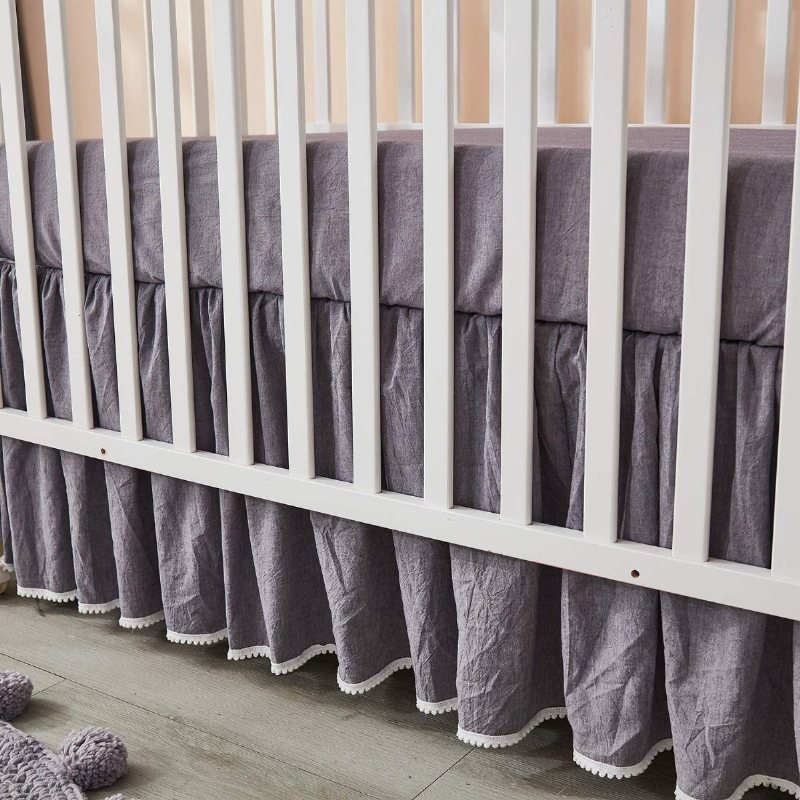 Boho Spjälsängsängset För Pojkar Eller Flickor Pom-pom Solid Grey Nursery Sängkläder Unisex