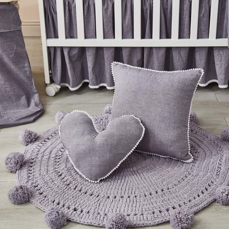 Boho Spjälsängsängset För Pojkar Eller Flickor Pom-pom Solid Grey Nursery Sängkläder Unisex