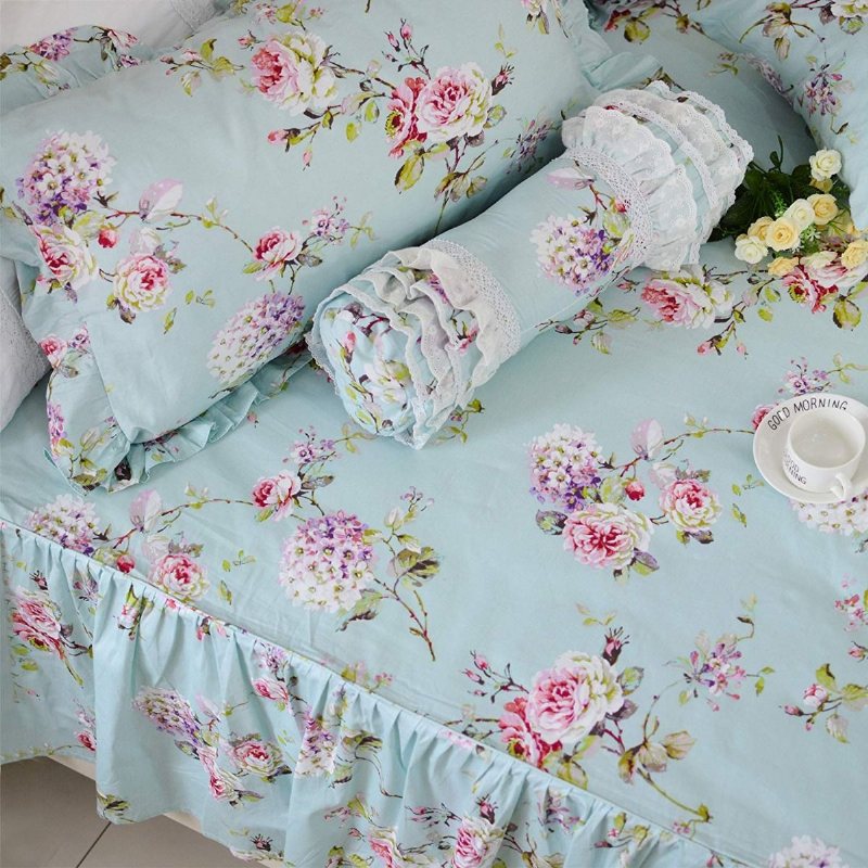 Bondgård Sängkläder Shabby Blue Blommig Vintage Blommönster Påslakan Set Överkast Elegant Fransk Lantlig Stil Med Volang 4 St