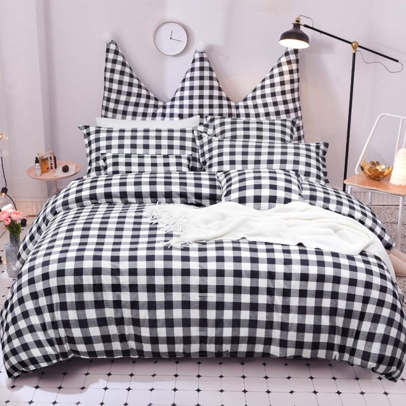 Buffalo Pläd Påslakan Set 100% Bomull Hypoallergenic 3 Styck Svart Och Vit Gingham Geometrisk Checker Sängkläder Set