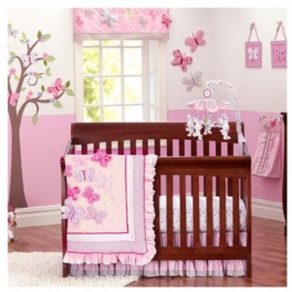 Butterfly Floral Spjälsäng Sängkläder För Flickor Med Stötfångare Shabby Babysängkläder Chic Rosa Ideal 7 Delar