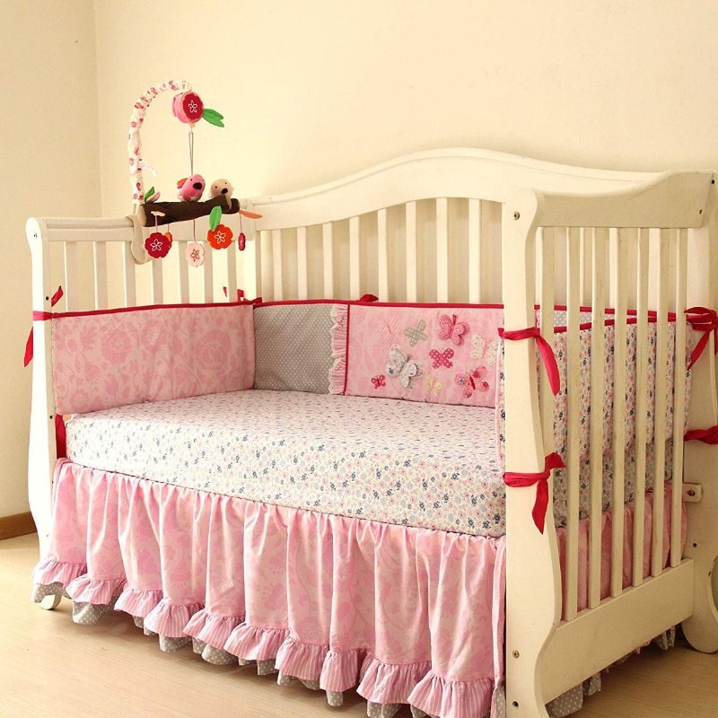 Butterfly Floral Spjälsäng Sängkläder För Flickor Med Stötfångare Shabby Babysängkläder Chic Rosa Ideal 7 Delar