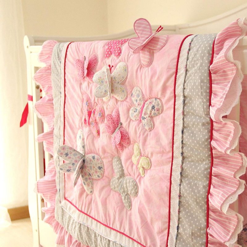 Butterfly Floral Spjälsäng Sängkläder För Flickor Med Stötfångare Shabby Babysängkläder Chic Rosa Ideal 7 Delar