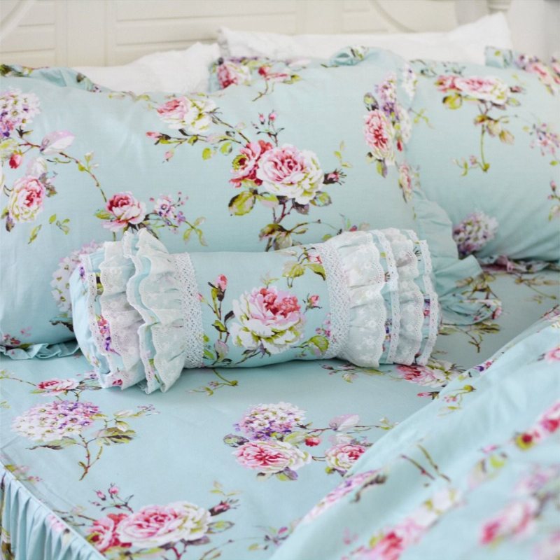 Elegant Fransk Lantlig Stil Shabby Blå Blommig Volang Godiskudde