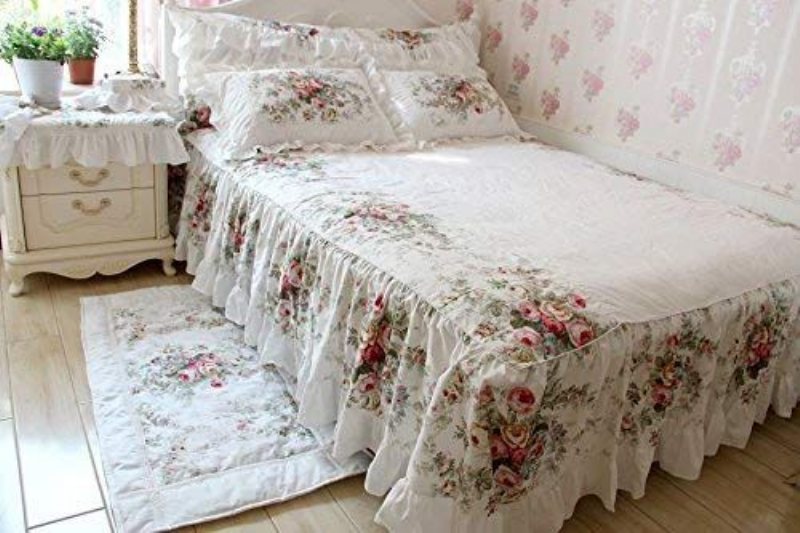 Elegant Och Shabby Vintage Rose Blommig Vit Påslakan Sängkjol Härlig Spets Och Volang Stil Utsökt Hantverk 100 % Bomull Hypoallergen 4-delat