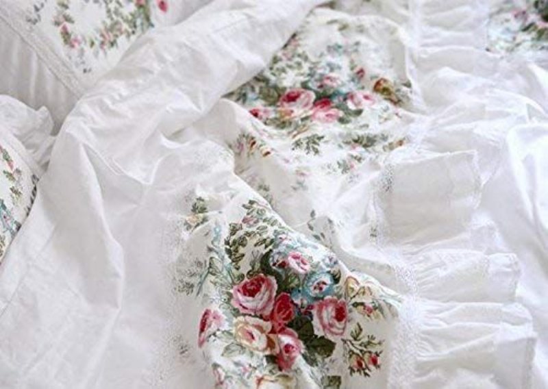 Elegant Och Shabby Vintage Rose Blommig Vit Påslakan Sängkjol Härlig Spets Och Volang Stil Utsökt Hantverk 100 % Bomull Hypoallergen 4-delat