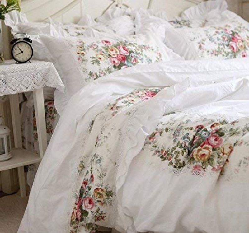 Elegant Och Shabby Vintage Rose Blommig Vit Påslakan Sängkjol Härlig Spets Och Volang Stil Utsökt Hantverk 100 % Bomull Hypoallergen 4-delat