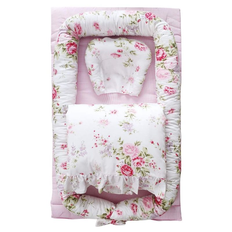 Farmhouse Floral Girl's Portable Spjälsäng Set Rose Rosa Babysäng Med Täcken Kudde 100 % Bomull Samsovande