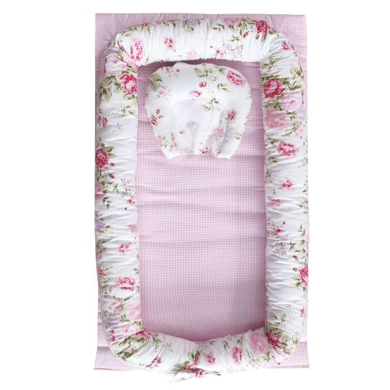 Farmhouse Floral Girl's Portable Spjälsäng Set Rose Rosa Babysäng Med Täcken Kudde 100 % Bomull Samsovande