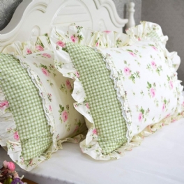 Farmhouse Rose Blommiga Örngott 100 % Bomull Vintage Spets Volanger Kuddfodral Elegant Lantlig Rosa Rosetta Med Pläddesign