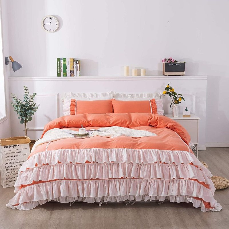 Flickor Coral Orange Princess Sängkläder Set 4 Lager Vit Volang Chic Design Påslakan Med 2 Volanger Örngott