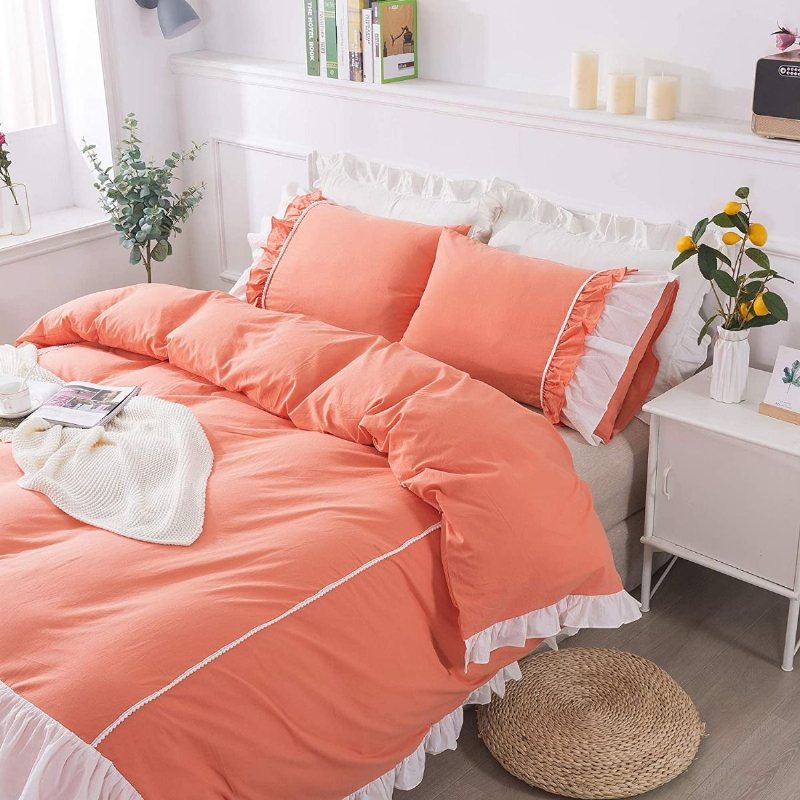 Flickor Coral Orange Princess Sängkläder Set 4 Lager Vit Volang Chic Design Påslakan Med 2 Volanger Örngott