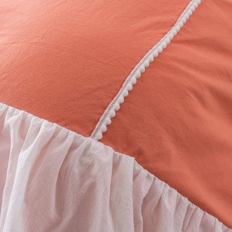 Flickor Coral Orange Princess Sängkläder Set 4 Lager Vit Volang Chic Design Påslakan Med 2 Volanger Örngott