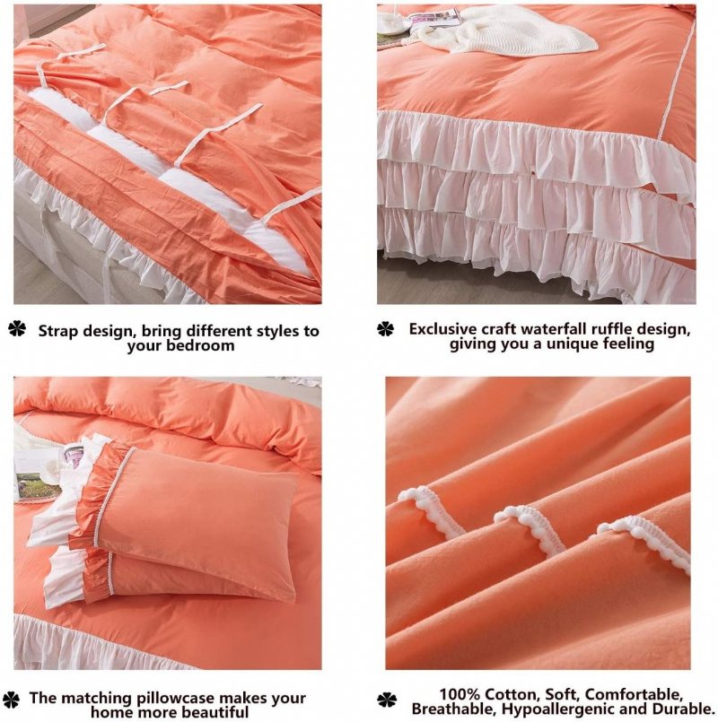 Flickor Coral Orange Princess Sängkläder Set 4 Lager Vit Volang Chic Design Påslakan Med 2 Volanger Örngott