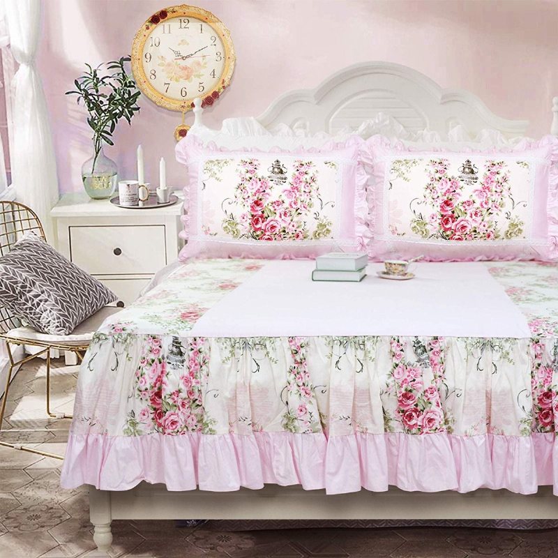 Fransk Stil Rosa Ros Blommigt Påslakanset Princess Girls Farmhouse Sängkläderset Med Sängkjol 4st