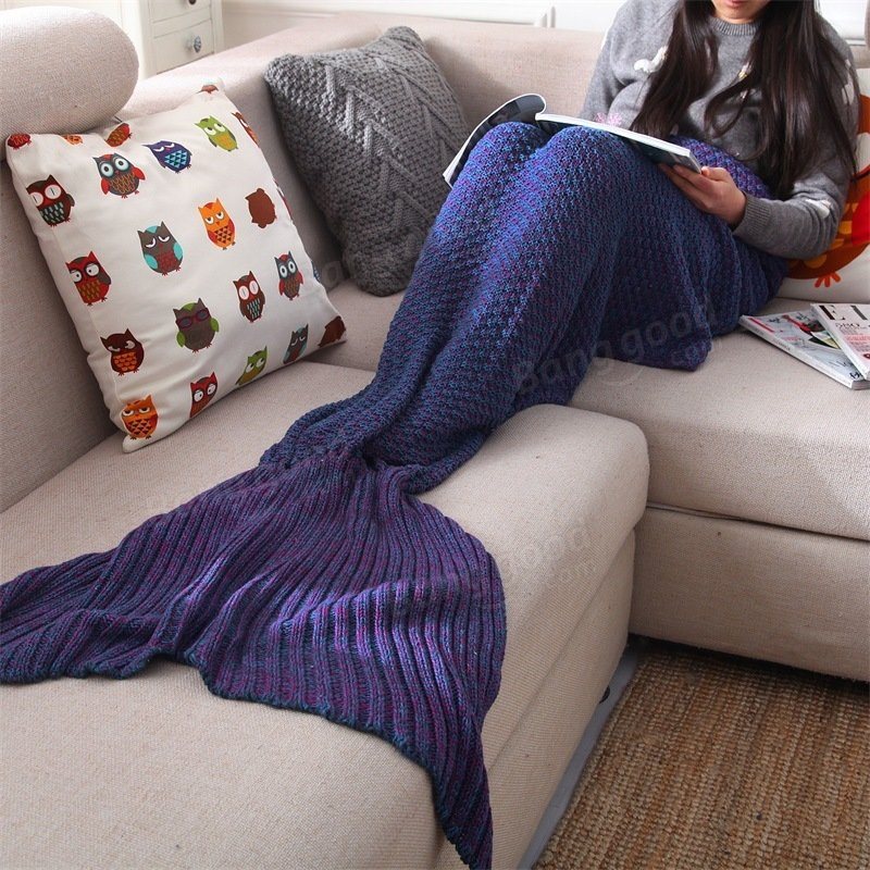 Garnstickad Mermaid Tail Filt Handgjord Virkad Throw Super Mjuk Bäddsoffa Matta Sovsäck