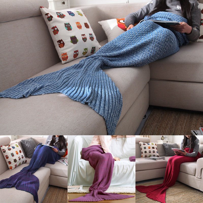 Garnstickad Mermaid Tail Filt Handgjord Virkad Throw Super Mjuk Bäddsoffa Matta Sovsäck