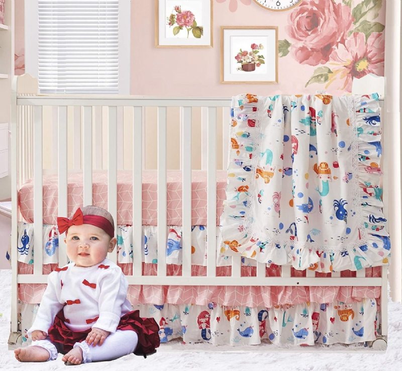 Girls Mermaid Nursery Sängkläder 3 Delar Rosa Baby Nautical Set (ocean Animal Filt Set Mjuk Bomull Lakan 3 Våningar Spjälsäng Kjol)