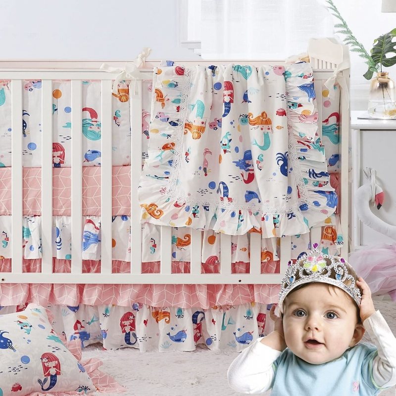 Girls Mermaid Nursery Sängkläder 3 Delar Rosa Baby Nautical Set (ocean Animal Filt Set Mjuk Bomull Lakan 3 Våningar Spjälsäng Kjol)