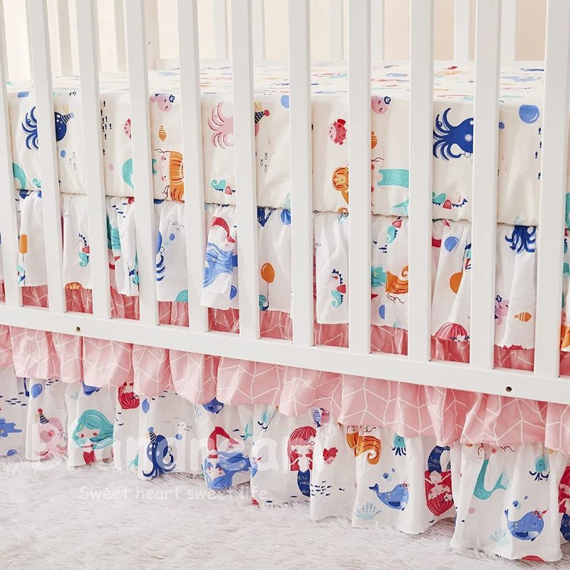 Girls Mermaid Nursery Sängkläder 3 Delar Rosa Baby Nautical Set (ocean Animal Filt Set Mjuk Bomull Lakan 3 Våningar Spjälsäng Kjol)