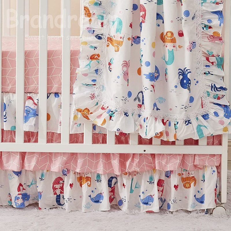 Girls Mermaid Nursery Sängkläder 3 Delar Rosa Baby Nautical Set (ocean Animal Filt Set Mjuk Bomull Lakan 3 Våningar Spjälsäng Kjol)