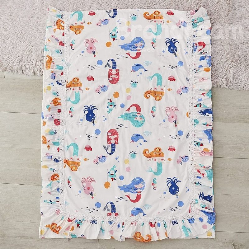 Girls Mermaid Nursery Sängkläder 3 Delar Rosa Baby Nautical Set (ocean Animal Filt Set Mjuk Bomull Lakan 3 Våningar Spjälsäng Kjol)