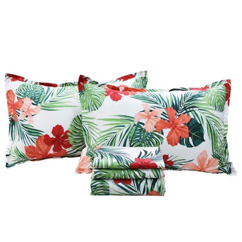 Hawaiian Lakan Set Tropical Red Hibiscus Palm Leaves 100% Bomull Hypoallergena Deep Pocket Fit 4-delade